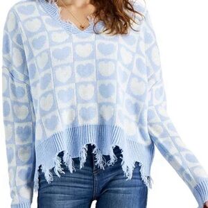 Just Polly Heart print Destructed Sweater Oversized Cropped Blue Valentine XL